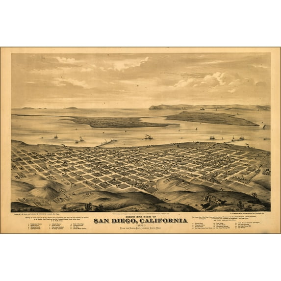 24"x36" Gallery Poster, Bird's eye view map of San Diego, California 1876