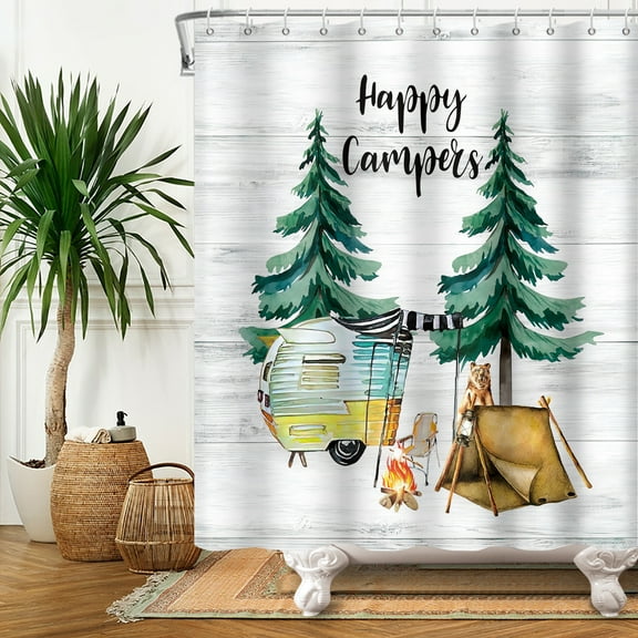 SUNOLIFE RV Camper Shower Curtain Happy Camping Waterproof Fabric Bathroom Curtain 72x72 in