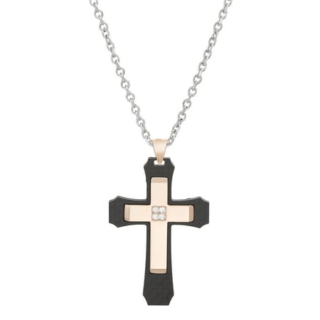 Carbon Fiber Dog Tag Cross with 18k Rose Gold Plated Metal and CZ Center on 24" Cable Chain