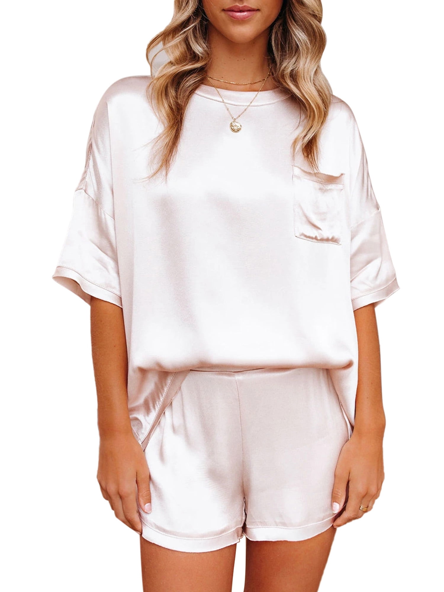 LYANER Women's Satin Silky Pajama Set Short Sleeve T-shirt With Shorts Set PJ Loungewear