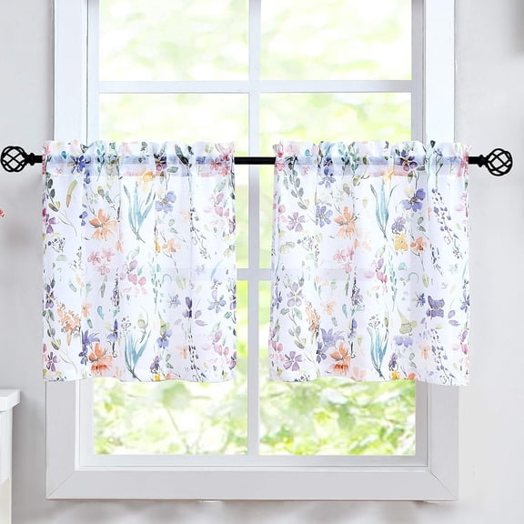 Floral Print Kitchen Curtains 24 inch Purple and Orange Tier Curtains for Small Windows Semi-Sheer Window Treatment Sets for Bathroom/Bay Window/Dining Room,28" W x 24" L Rod Pocket