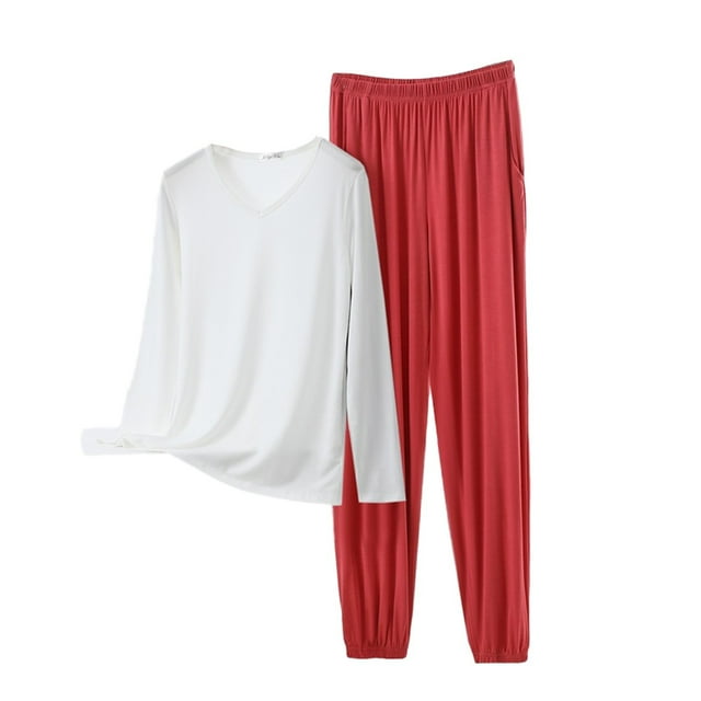 Women Pajama Sets V Neck Long Sleeved Plus Size Home Suit Set For Women Thin Design Solid Color Long Sleeved Pants Two Piece Set Woman Blending Pajamas