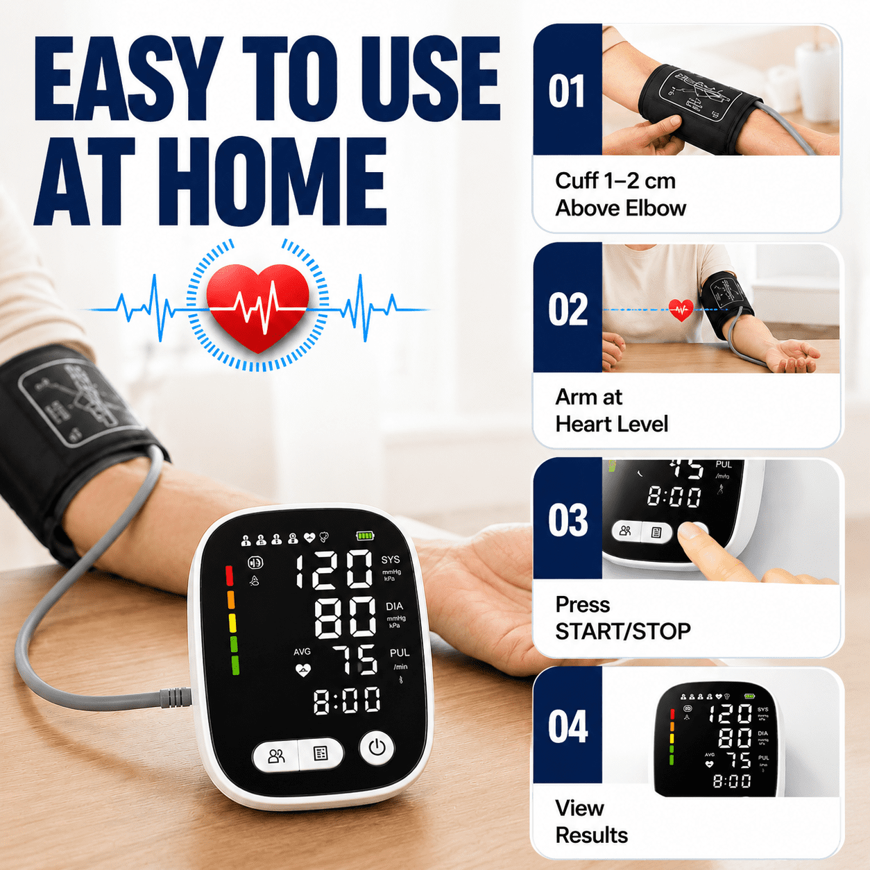 Moonsun Automatic Upper Arm Blood Pressure Monitor, 5.5″ Backlit Display, Rechargeable & Broadcast Voice, Large Cuff 8.7”-16.6”, 2-User 180 Memories for Home Use