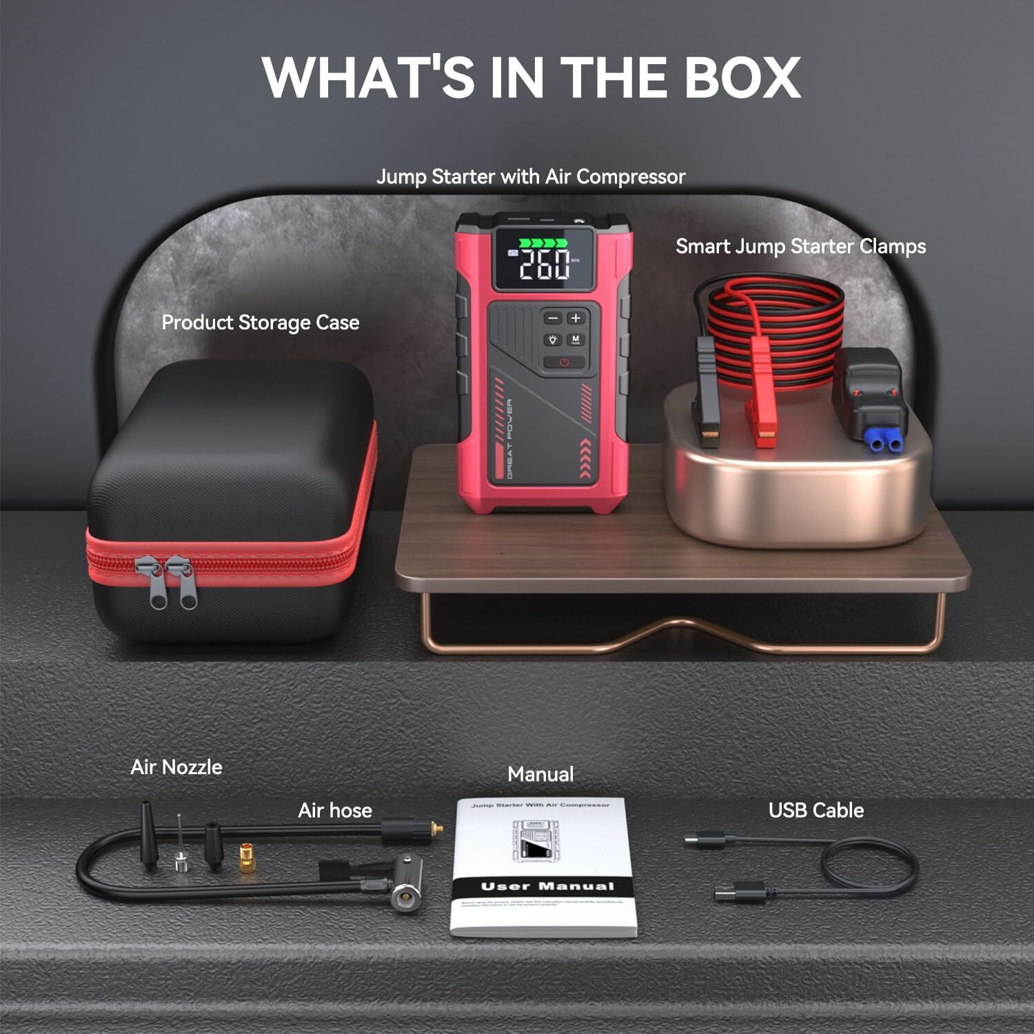 Geeneu Car Jump Starter with Air Compressor,5000A Peak Jumper Box for Car Battery Portable Booster Jump Pack,12V Jumpstart Combo 150PSI Tire Inflator Air Pump(up to 8.0L Gas/6.5L Diesel)