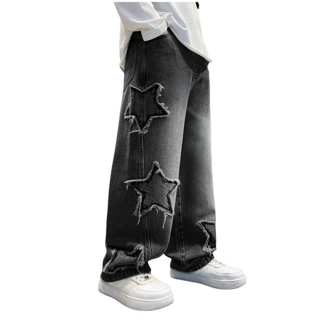 Splozh Pants with for Boys Jeans Spring and Summer Teenagers Fashionable Ripped Jeans Straight Leg Pant Black,11-12 Years