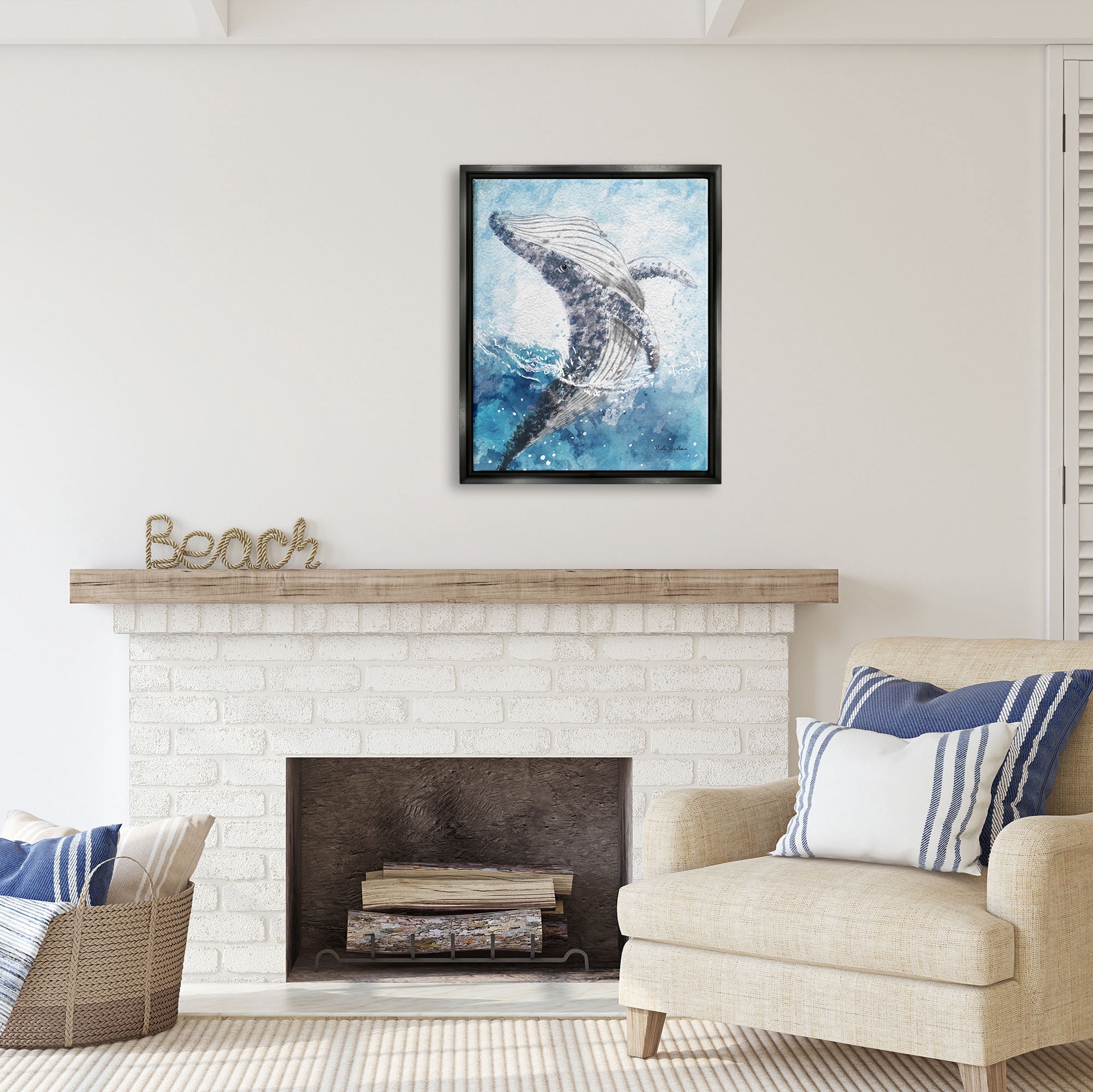 Stupell Industries Splashing Marine Whale Animals & Insects Painting Black Floater Framed Art Print Wall Art, 25 x 31