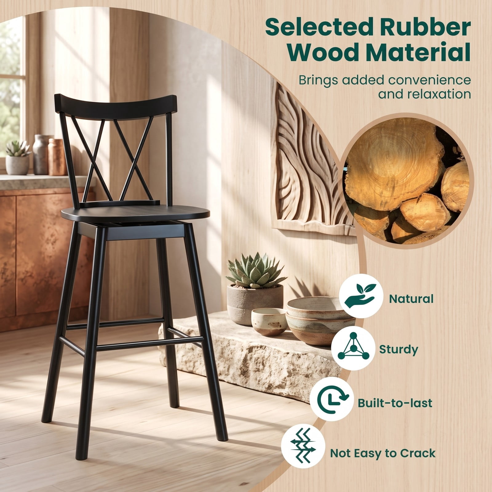 Furnibear Set of 2 Windsor Bar Stools 29 Inch Swivel Counter Height Stools with Ergonomic Backrest and Footrest, Rubber Wood Kitchen Island Dining Chairs, Black