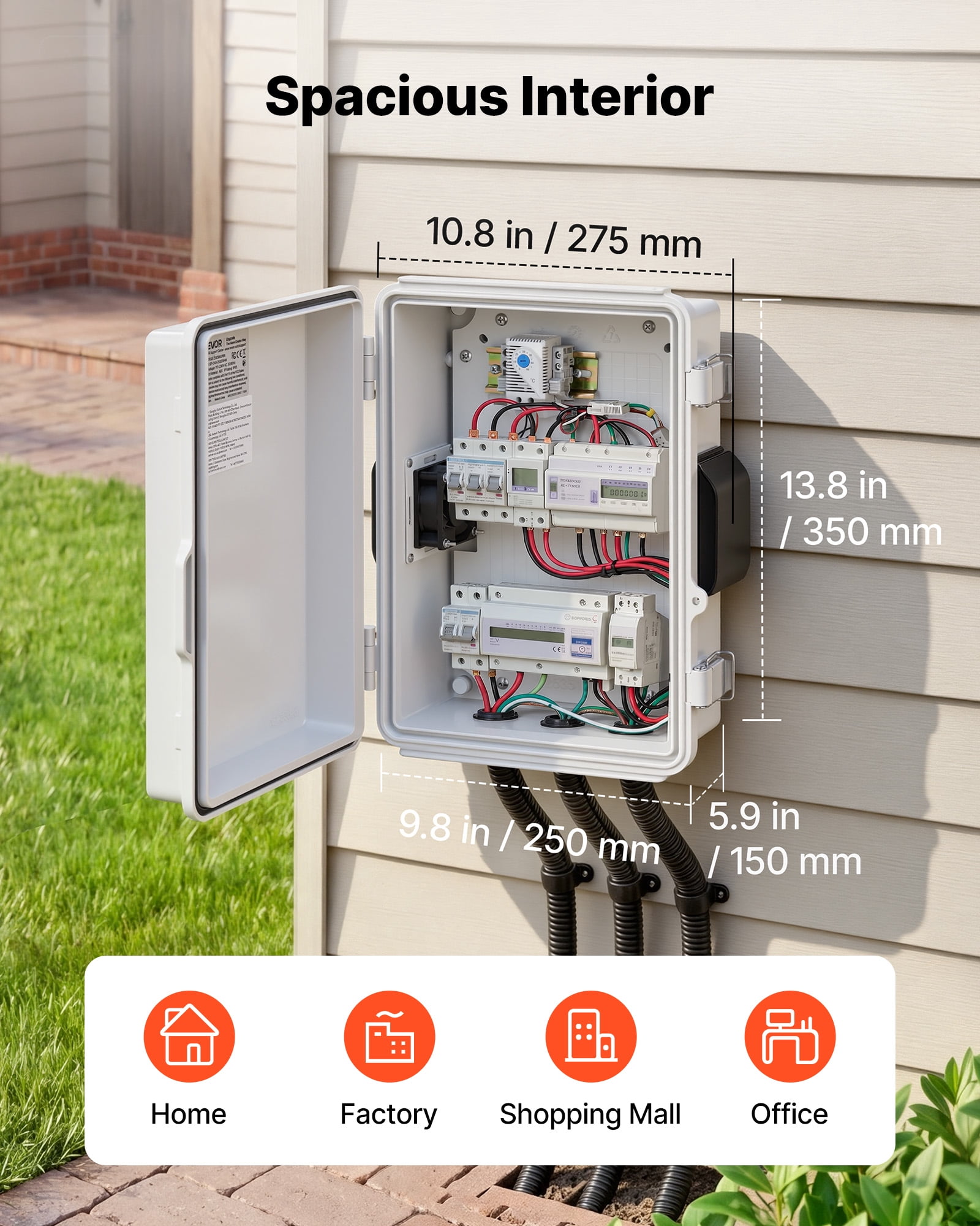 VEVOR Outdoor Electrical Box, ABS, Waterproof Electrical Junction Box with Thermostat and Fan, Mounting Plate, Cable Grommets,Ventilated Plastic Enclosure,14.2 x 10.8 x 5.9 in,IP65 for Indoor/Outdoor