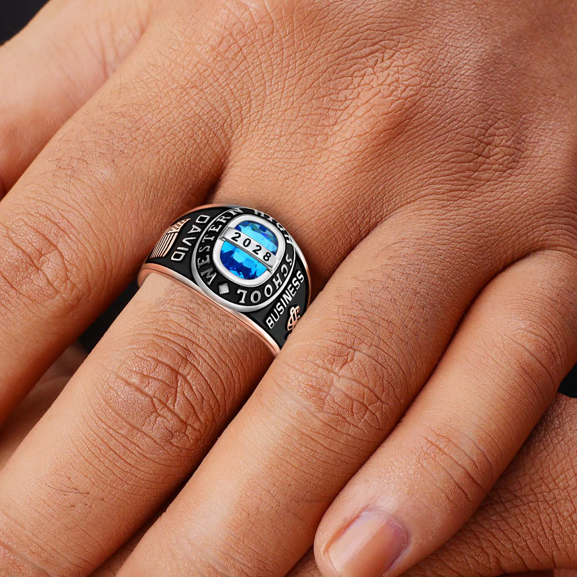 USA PJM Personalzied Men's Class Rings Sterling Silver 925 for High School & College, Rose Gold Plated