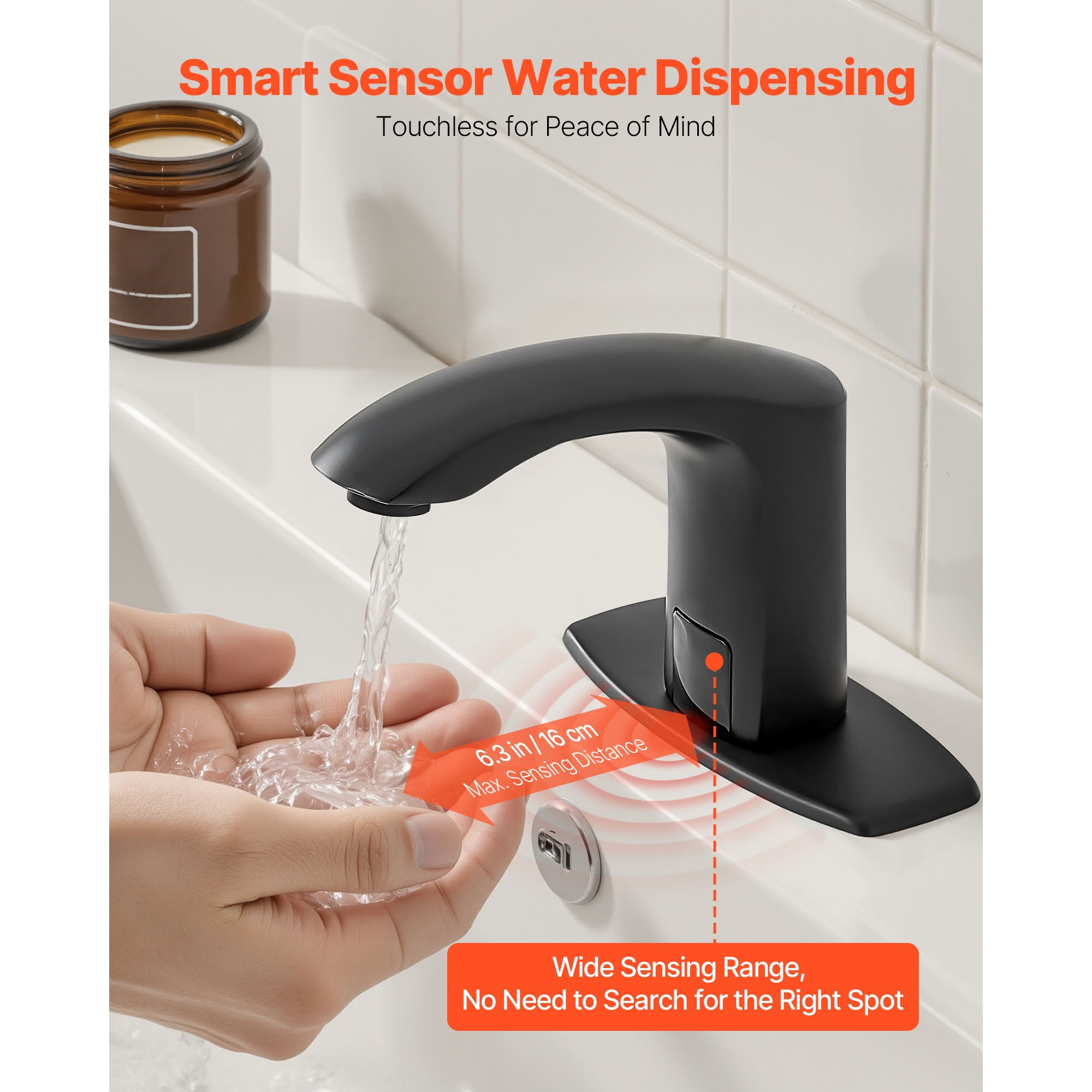 KFFKFF Touchless Bathroom Sink Faucet with Motion Sensor, Automatic Restroom Faucet with Cover Plate, Battery Powered, Adjustable Temperature for 9/16 in Pipe, Commercial Lavatory, Matte Black