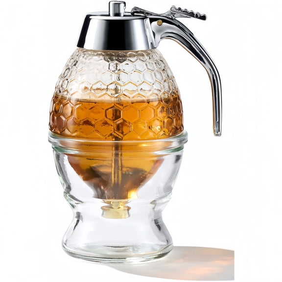 DEKEones Acrylic Honey Dispenser with Glass Stand, Honeycomb Pattern Clear Acrylic Honey Jar Dispenser, No Drip Syrup Pourer for Breakfast, Coffee, Pancakes & Kitchen Decor