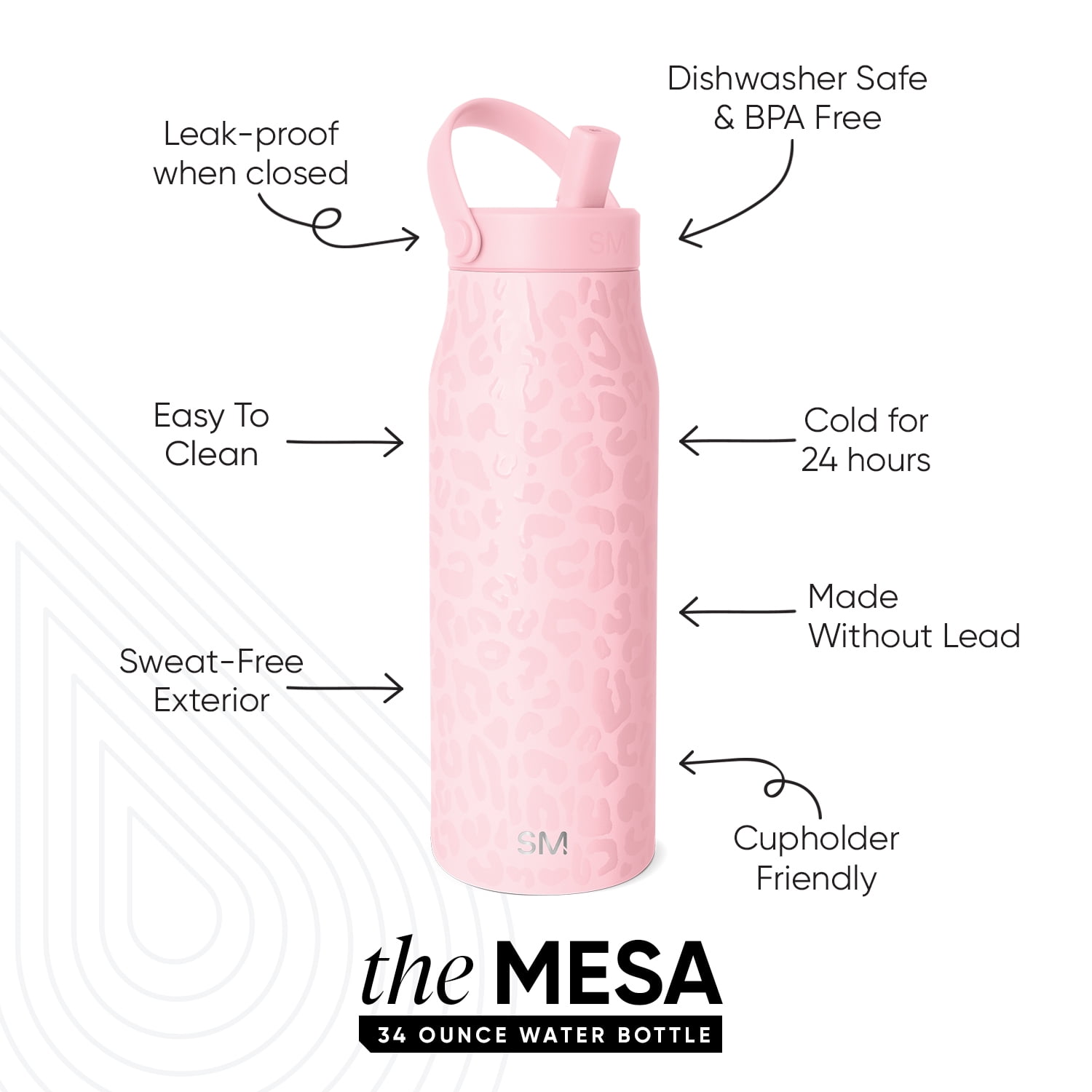 Simple Modern 34 fl oz Insulated Stainless Steel Mesa Wide Mouth Water Bottle with Handle and Push Button Straw Lid | Blush Leopard