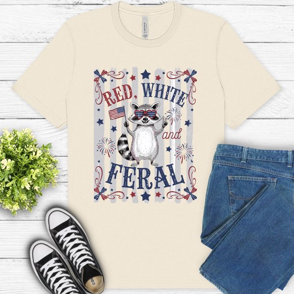 Cute Red White and Feral Raccoon T-Shirt, Funny Patriotic Animal Tee, Natural, S
