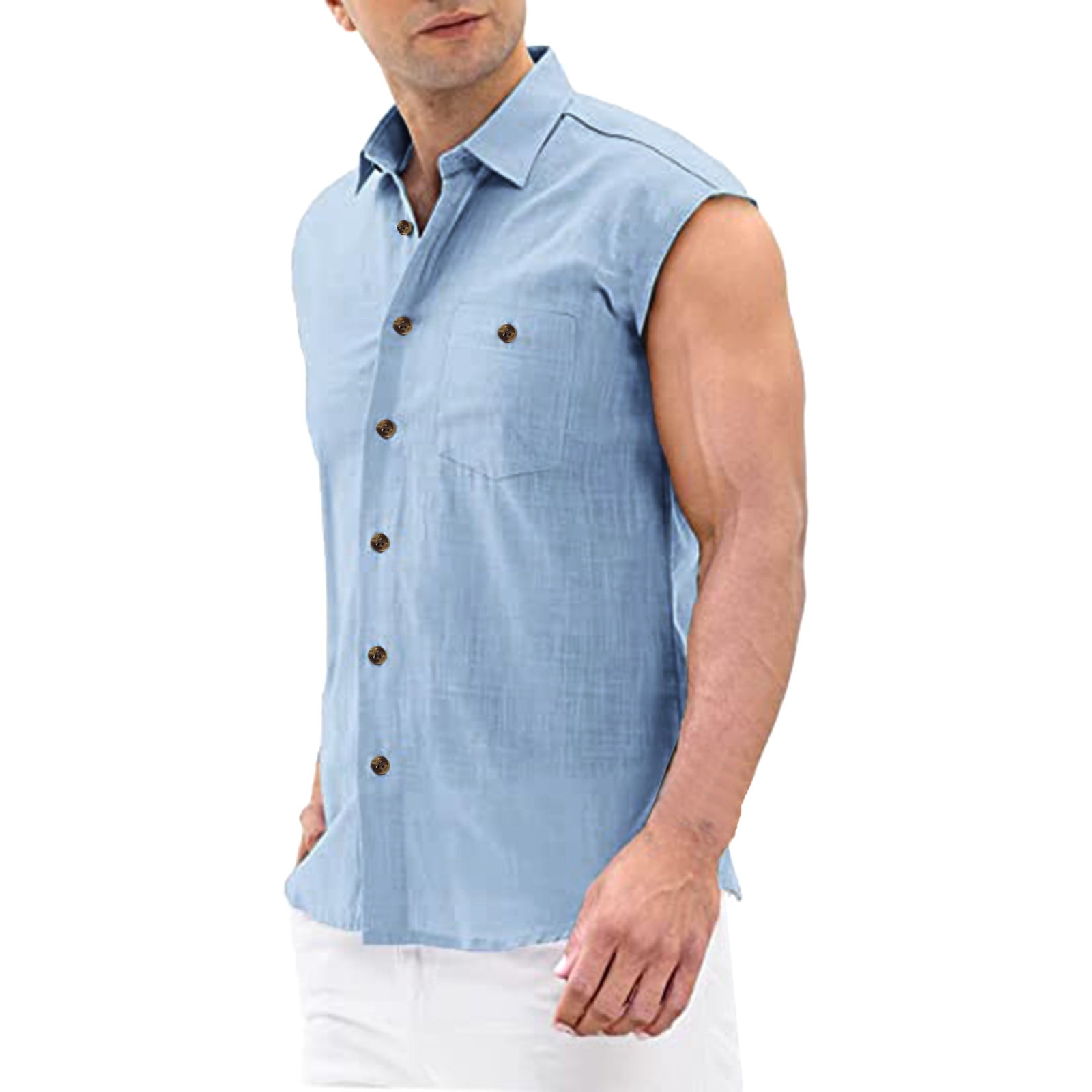 Men's spring summer outfit with light blue plain shirt, white