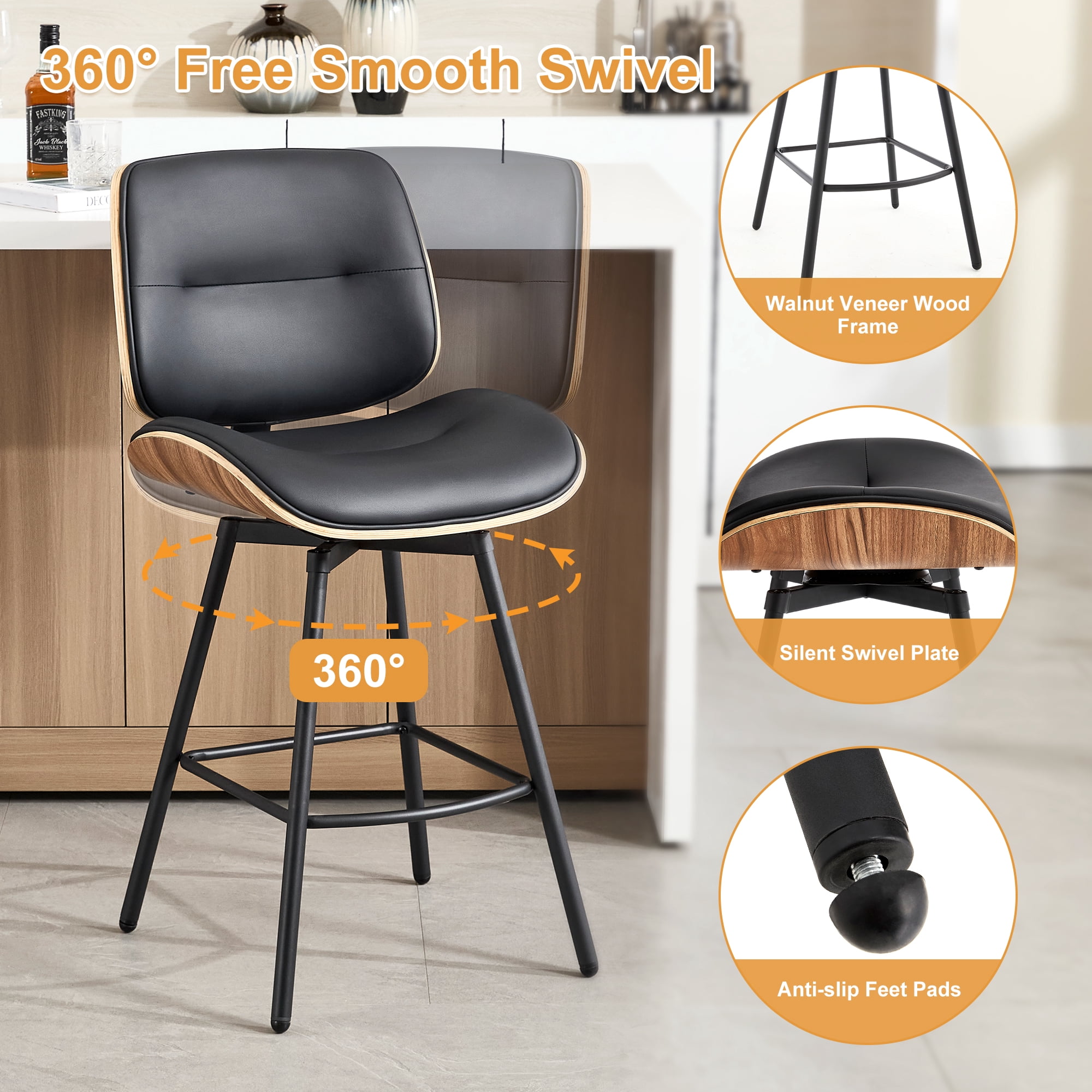 Counter Height Bar Stools Set of 2, 26" Swivel PU Leather Upholstered Bar Stools with Walnut Backs and Metal Legs, Retro Counter Stools for Kitchen Island, Dining Room, Pub, Black