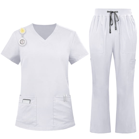 Resivox Scrubs for Women Set Plus Size Scrub Joggers Stretchy V-Neck Yoga Scrub Pants and Tops Medical Scrub Sets Nursing Uniforms Scrubs for Tall Women White M