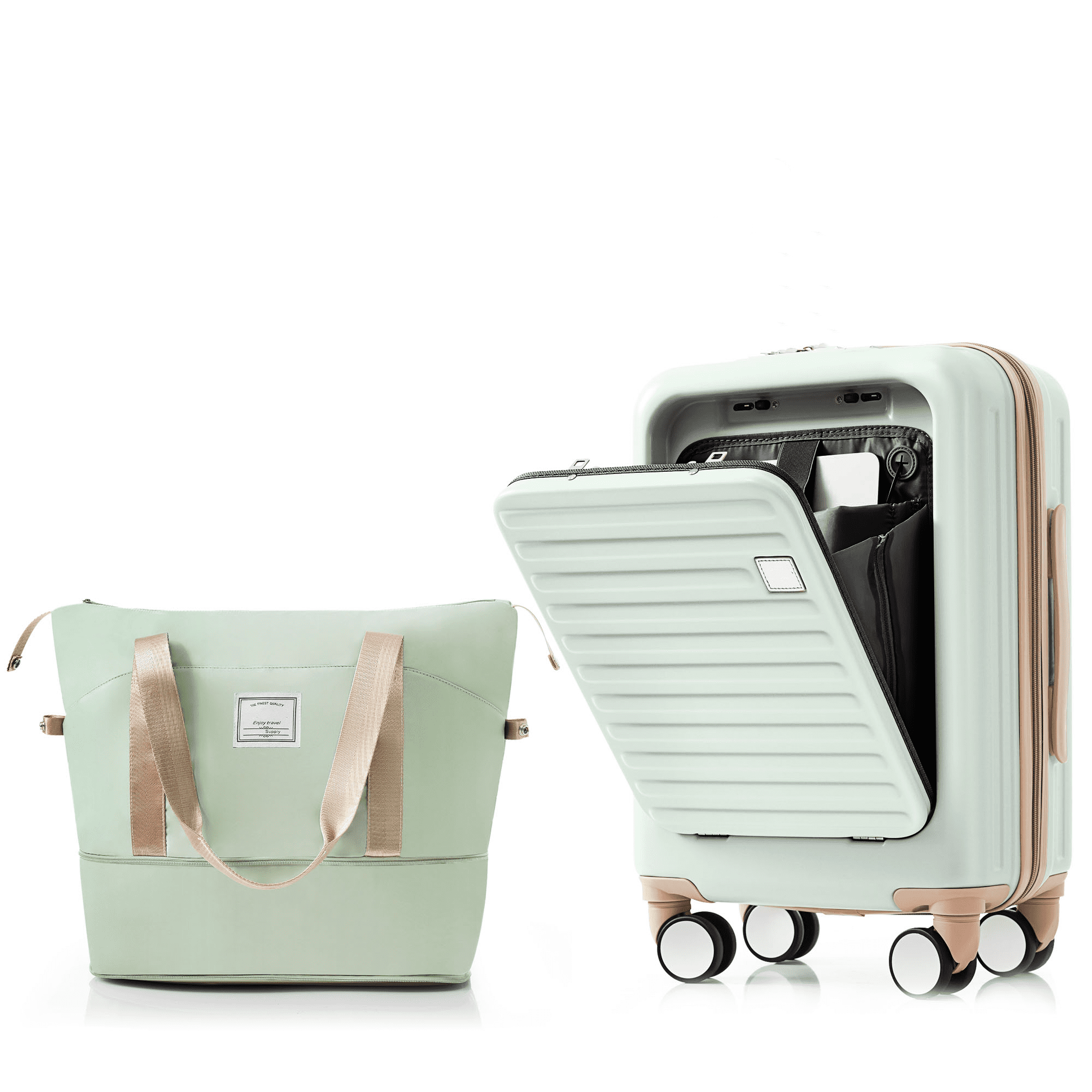 Euroco Luggage Sets Front Opening,20" Carry-On Luggage with Expandable Travel Bag,USB Port,Cup Holder,TSA Lock and Spinner Wheels,ABS Hardshell Suitcase Set,Grey Green