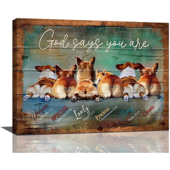 Farmhouse Corgi Wall Art Country Dogs Pictures Gad Says You Are Motivational Wall Decor Rustic Canvas Print Framed Artwork for Bathroom Living Room Bedroom 16"x12"