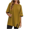 thumbnail image 2 of Guieoi Womens Tops Plus Size Women's Loose Casual Solid Color Sleeve with Zipper Hem and Slit Round Neck Short Sleeved Yellow Black*Friday/Cyber*Monday, 2 of 9