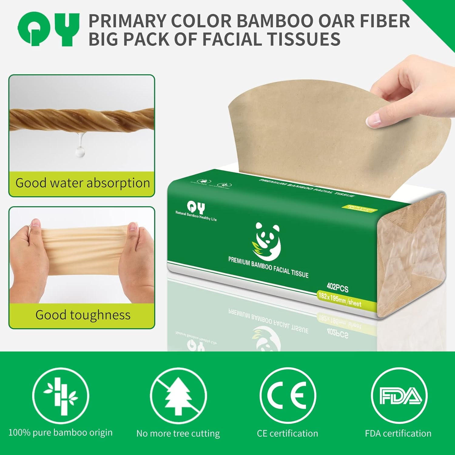 QingYa Bamboo Facial Tissue, 3 Ply Soft Unbleached Facial Paper, 12 Packs, 134 Tissues per Pack