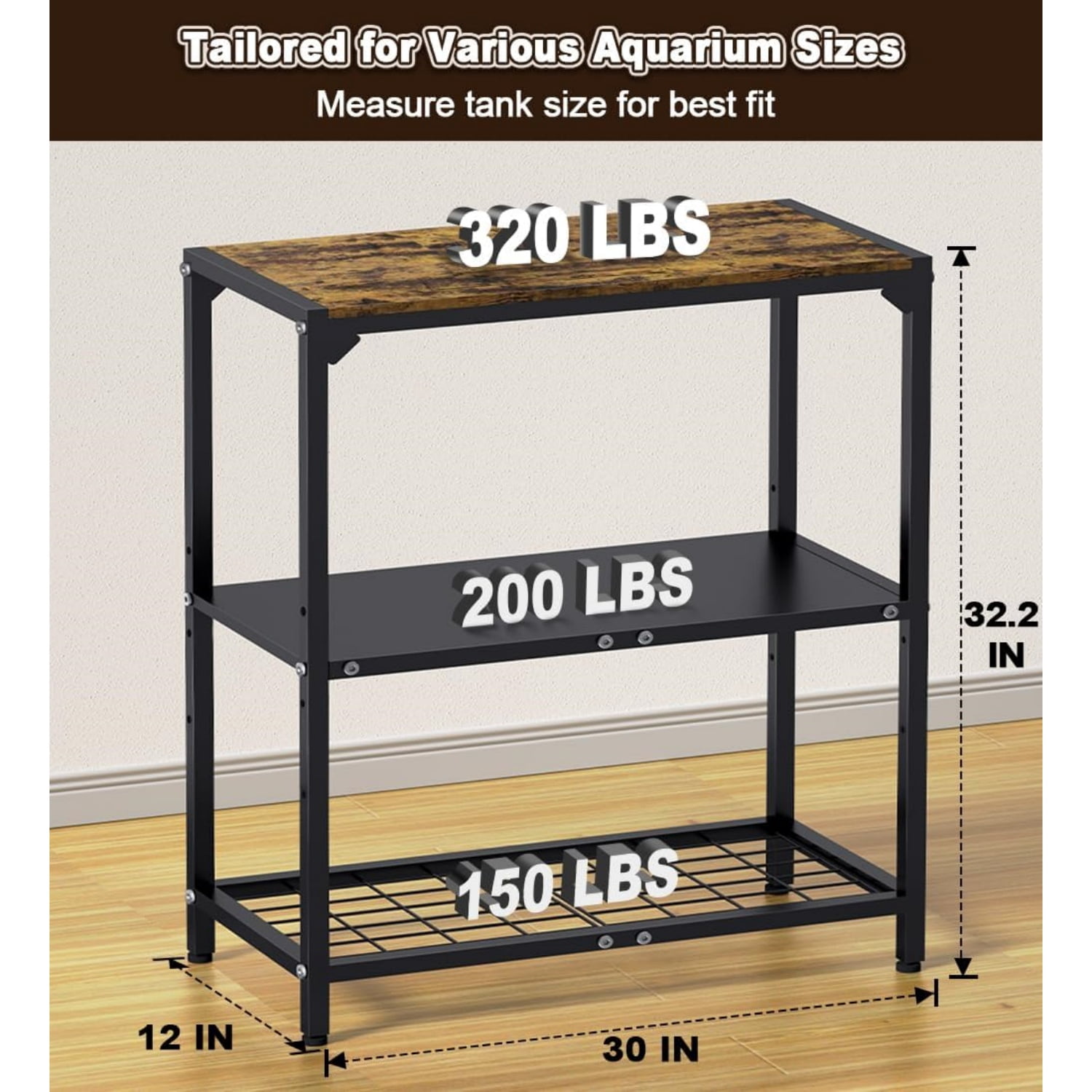 20-30 Gallon Aquarium Stand, Fish Tank Stand with Adjustable 3-Tier Storage Shelf, Heavy Duty Reptile Breeder Turtle Tank Terrarium Rack Table for Home Office, 30" L x 12" W x 32.2" H, Black
