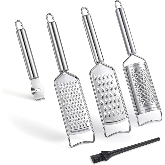 Juego de ralladores de queso de acero inoxidable Tongjude, juego de 5, ralladores, peladores y rebanadores de cocina, rallador de limón con cepillo de limpieza para verduras, frutas y chocolate.