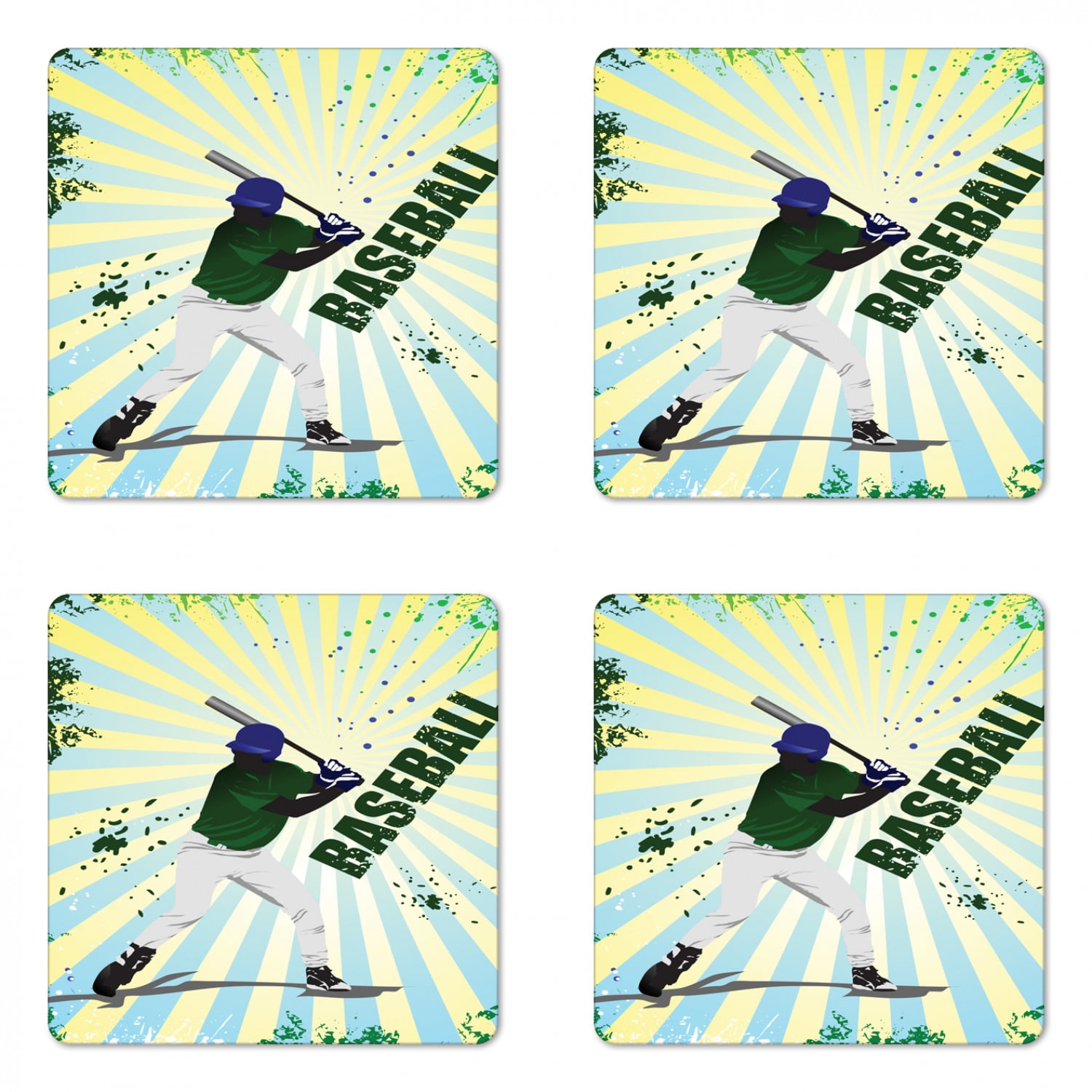 Baseball Coaster Set of 4, Grunge Softball Batter Gear Athlete