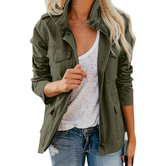 NANAHuang Women's Fall Stand Collar Zip Up Military Cotton Utility Safari Jacket