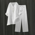 thumbnail image 2 of qolati Two Piece Sets for Women Solid 2 Piece Outfits Cotton Linen Oversized Button Down V Neck Long Sleeve Shirts High Waist Drawstring Wide Legs Pants Lounge Sets, 2 of 9
