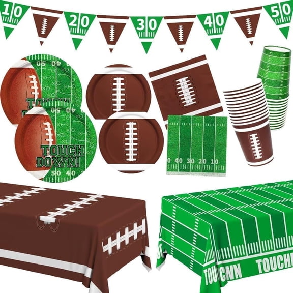 Football Party Supplies Set of 99 Serve 24 Disposable Plates Cups Napkins Tablecloth Banner Game Day Decorations