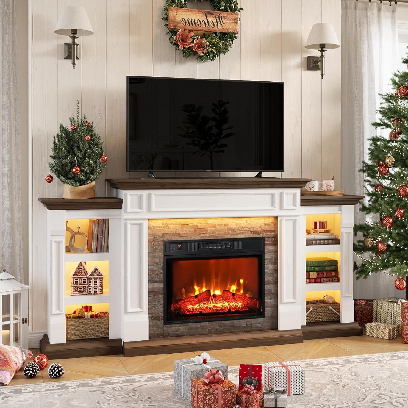 Electric Fireplace with 70" Mantel & LED Lights, Stacked Stone Surround with 23" Fireplace Insert, Adjustable Flame, Remote Control, White & Brown