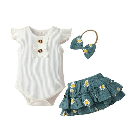 

baby girl clothes Baby Solid Ribbed Ruffled Romper+Floral Daisy Skirts Outfit Set