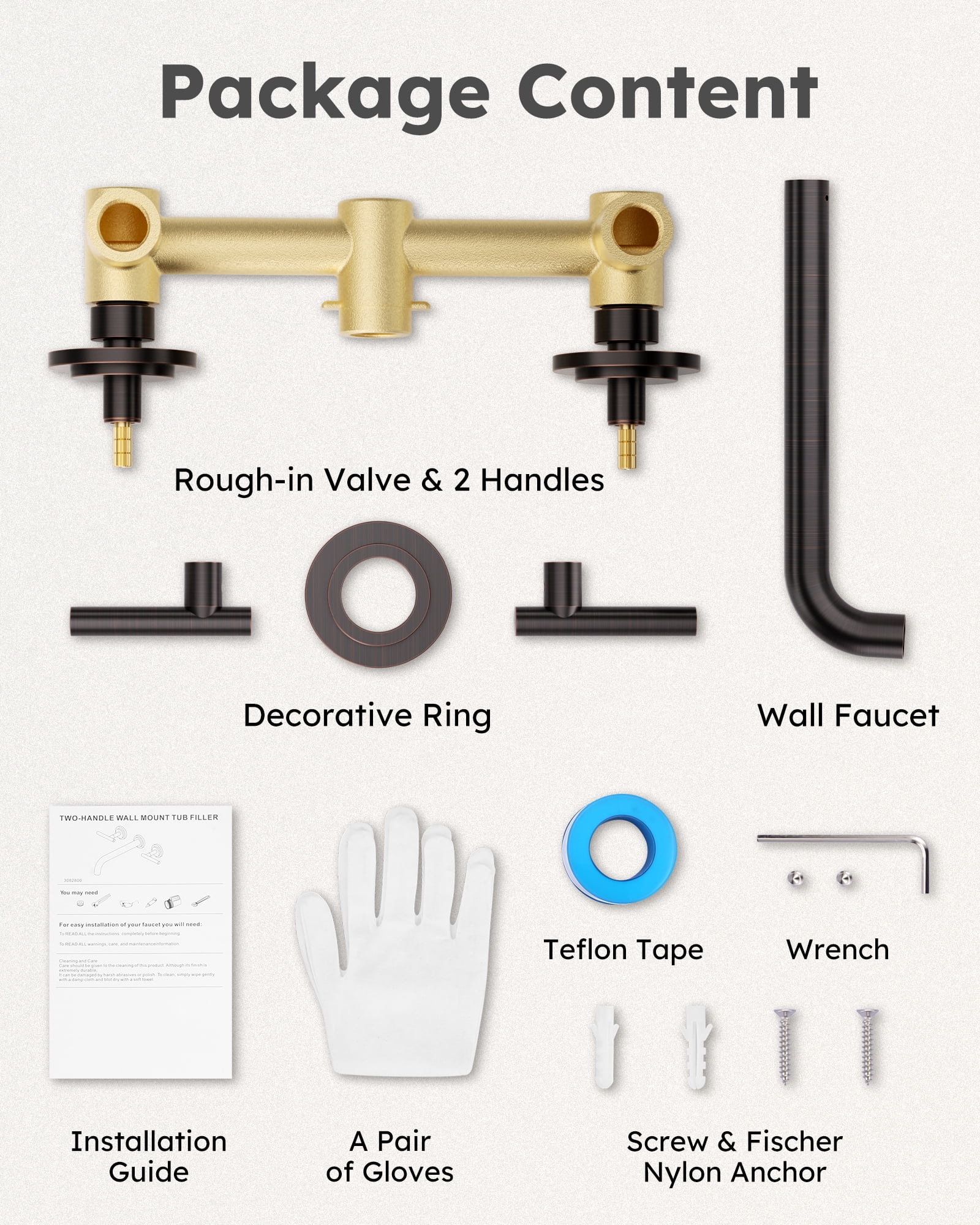 Wall Mount Tub Filler: Wowow Oil Rubbed Bronze Bathtub Faucet Long Spout Reach, Bath Tub Filler Faucet 2 Handle Wall Mounted Bathtub Faucets with Brass Rough in Valve Included Wall Mounted Tub Faucet