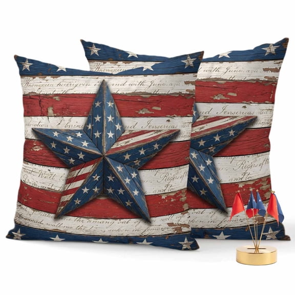 2 Pack Outdoor Waterproof Throw Pillow Covers,Retro USA Flag Wood Texture Decorative Square Pillow Case Patio Pillowcases for Chair Couch Sofa 16x16in