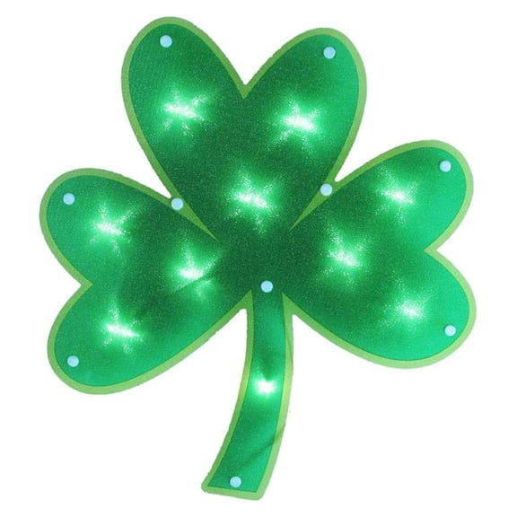 Lighted Shamrock Window Decoration, 14” x 12.5”, St Patrick's Day Holographic Shamrock Window Light with 10 Bulbs, Indoor Outdoor Holiday Decor