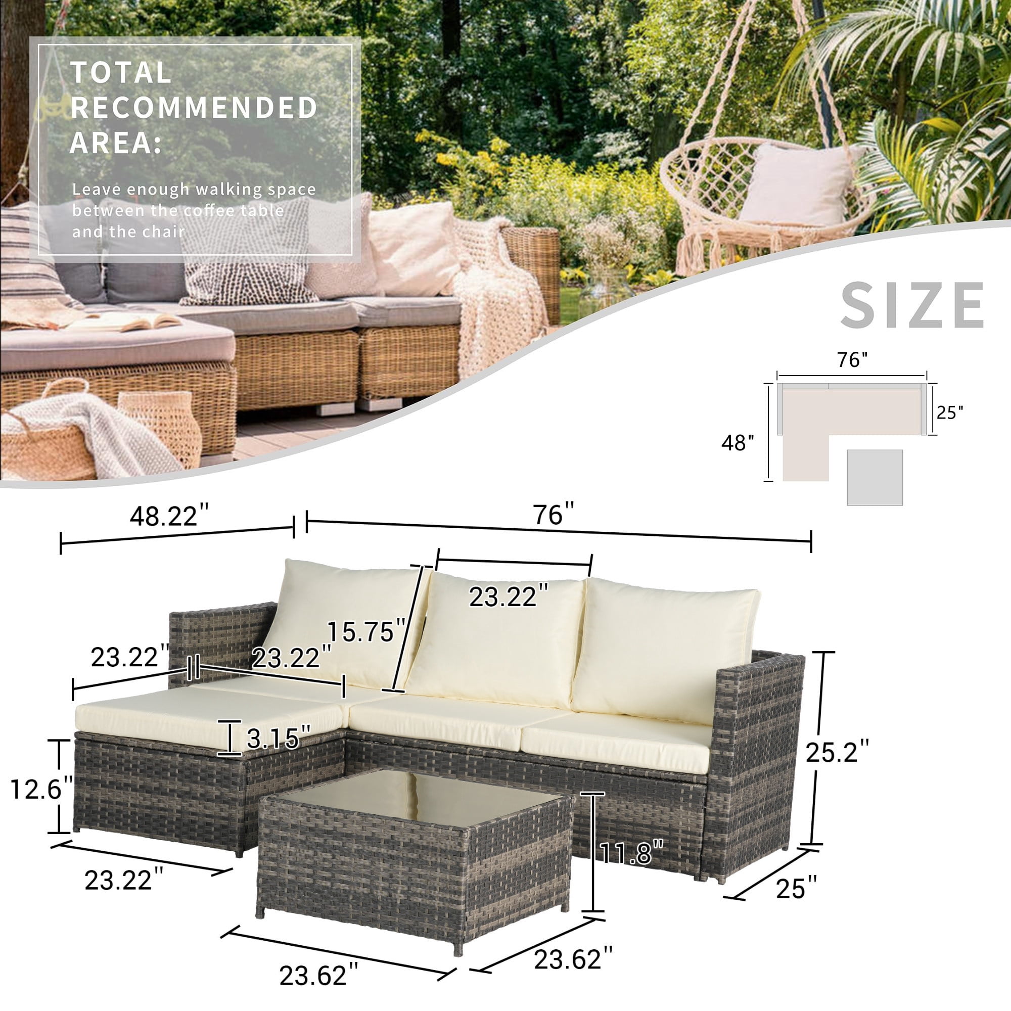 Aukfa Outdoor Patio Furniture Set - L shape Wicker Sectional Sofa with Coffee Table - Beige Cushions