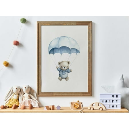 Cute Bear Nursery Art, Bear In Parachute, Blue Hot Air Balloon Nursery Print, Nursery Decor, Baby Shower Gift Boy, Baby Room Decor Wall Art, Modern Wall Decor, 8x12 UNFRAMED