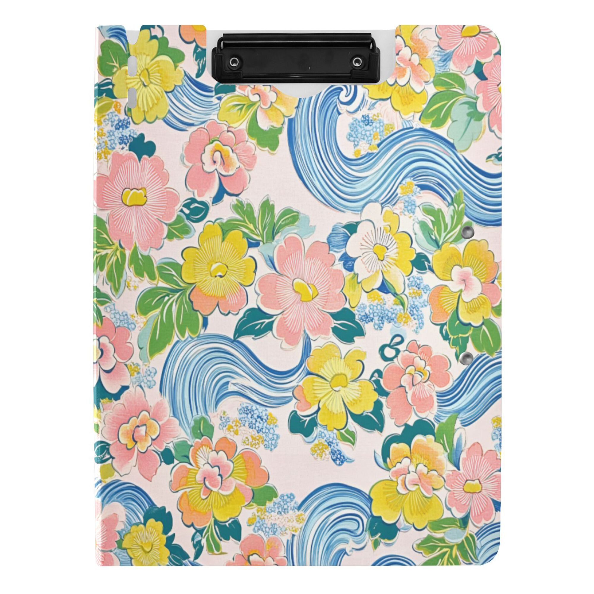 FORMRS A4 Clipboard Folder with Pen Holder Horizontal Foldable School Office Binder, Blue Floral Wave