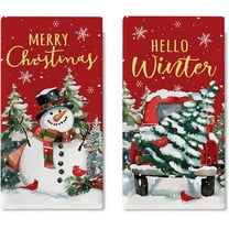 Merry Christmas Snowman Red Truck Kitchen Dish Towels Set of 2, Hello Winter Xmas Tree Drying Hand Towel Baking Cooking Cloth, Cardinal Snowflake Holiday Bathroom Home Decoration 16 x 24 Inches