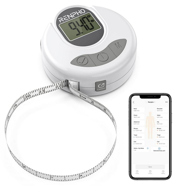 RENPHO Ruban à Mesurer Intelligent avec Application, Rubans de Mesure Bluetooth avec Moniteur LCD, Mesure du Corps avec Circonférences Rétractables pour Perte de Poids et Gain Musculaire