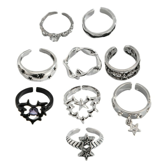 9 Pieces Thorn Gothic Rings Set for Women and Men Silver Punk Grunge Vintage Jewelry with Heart Snake Designs