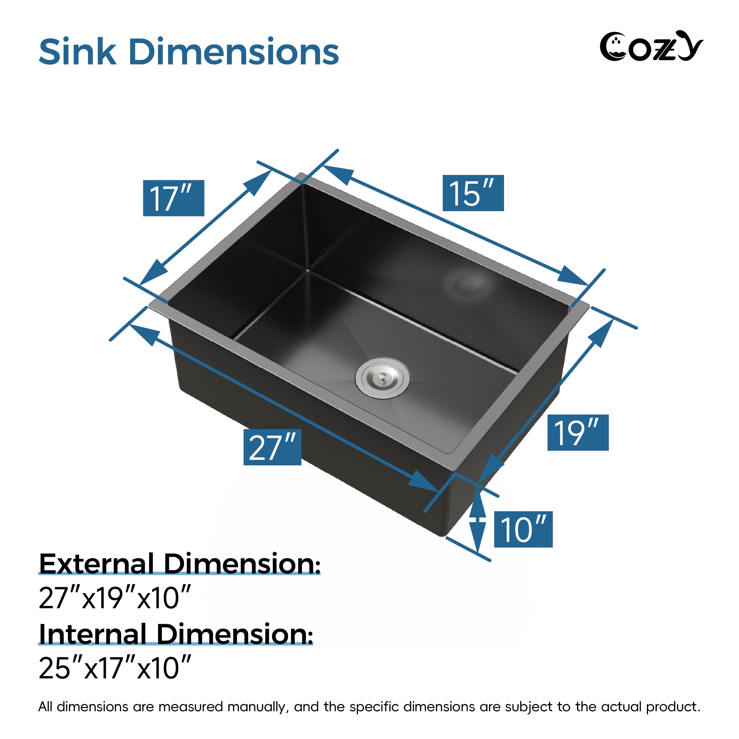 27x19 inch Black Stainless Steel Single Bowl Undermount Kitchen Sink with US Standard Drain and Hook, Model SS-BL04D-271908