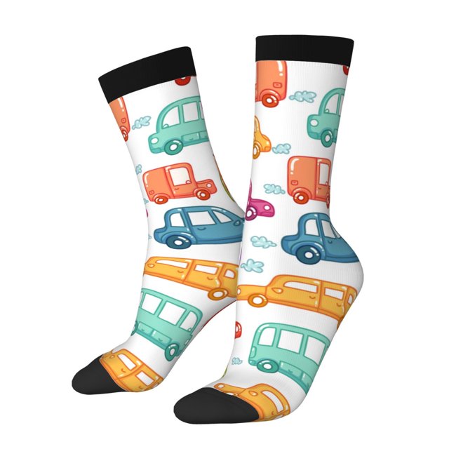Fotbe Doodle Cars Calcetas Largas con Estampado para Hombre y Mujer – Calcetas de Compresión Transpirables y Elásticas, Viajar y Uso Diario Talla 5-11