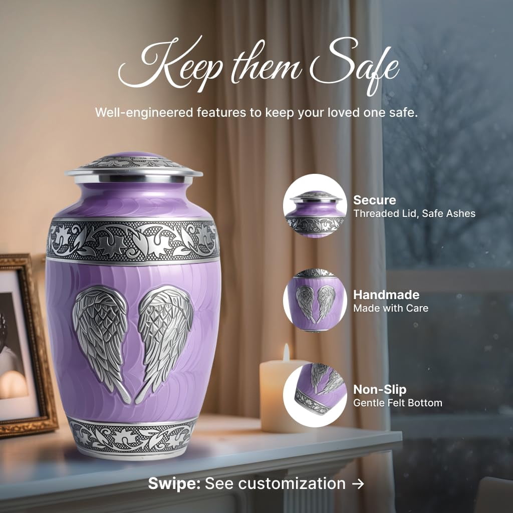 Set of 6 Cremation Urns for Human Ashes Includes 1 Large Urn with 4 Small Keepsakes & 1 Silver Necklace - Purple Angel Wings