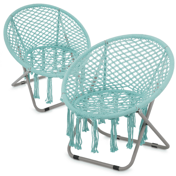 RTYJGD 2 Pack Folding Boho Chair, Blue, Anti Slip Metal Frame, Bedroom Tassel Round Moon Chair, Comfortable Portable Lounge Chair​