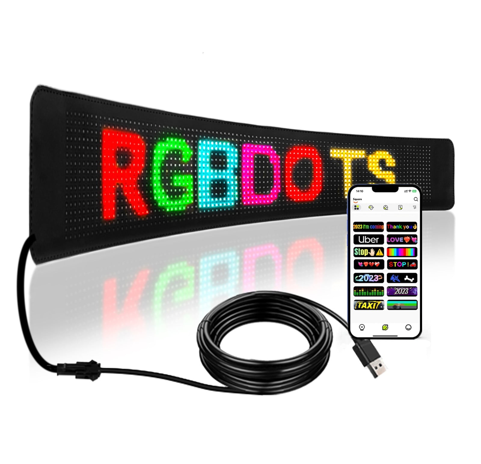 Wishiot Led Car Sign Programmable LED Matrix Panel APP Control 14.6x3.6”  LED Message Board for Car Home Shop Decoration+USB Charger