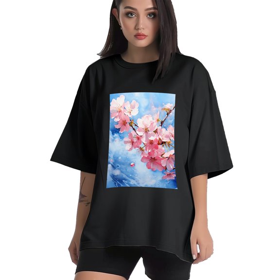 Plus Size Shirt for Women Black Tops for Women Short Sleeves Shirt for Women Cherry Blossom1 T Shirt Crewneck Shirt for Women XS