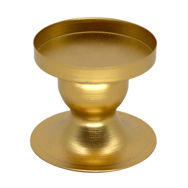 CEHVOM Golden Geometric Round Wrought Iron Candle Holder, a decorative metallic gold piece with a round base and flat circular top. Ideal for home decoration, candlelight dinners, weddings, and festive occasions like Christmas and Halloween. This sturdy metal candle holder adds an artistic touch to dining rooms, living rooms, or event spaces, and is perfect for use as a Christmas candle holder or golden candle holder.