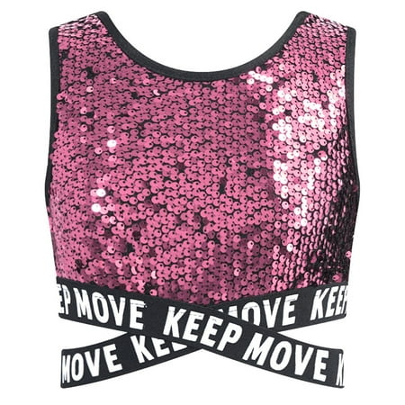 YONGHS Kids Girls Sequin Modern Street Hip Hop Jazz Dance Crop Top Vest Shirt Sports Bra Performance Costume Pink 10