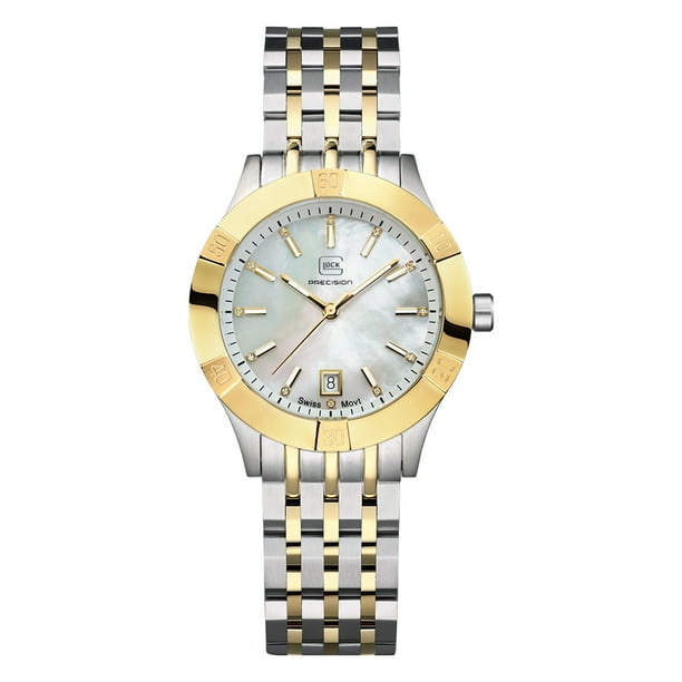 Reloj Glock Precision para hombre, pulsera bicolor con caja de acero plateado